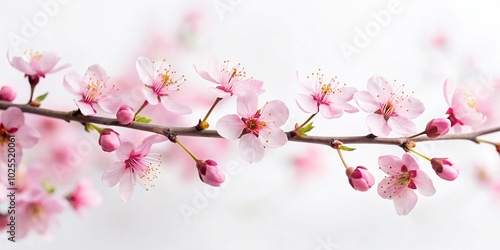 delicate pink cherry blossom branch against white background