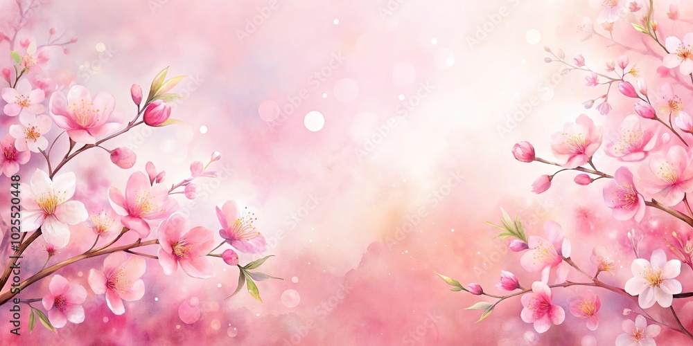 Delicate pink watercolor spring background with flowers and copy space Delicate pink watercolor spring background with flowers and copy space