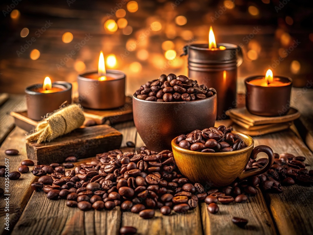 Long Exposure Coffee and Chocolate Still Life with Candles on a Rustic Table Long Exposure Coffee and Chocolate Still Life with Candles on a Rustic Table