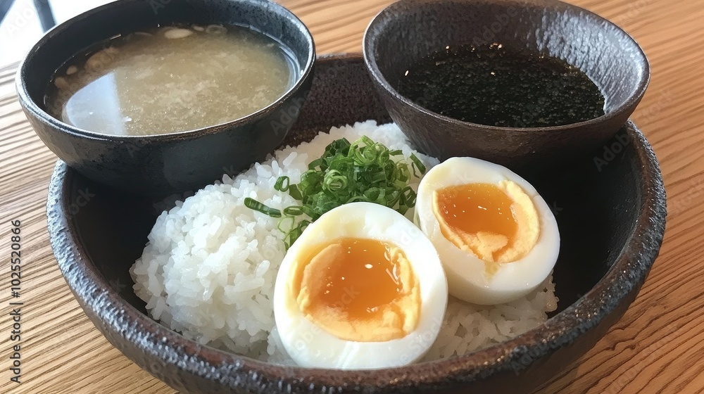 Delicious Japanese Rice Bowl with Eggs and Soup Delicious Japanese Rice Bowl with Eggs and Soup