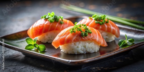 Delicate sushi plate with salmon nigiri surrounded by green herbs on dark background