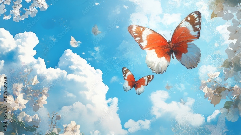 Blue sky canvas, butterflies and clouds Blue sky canvas, butterflies and clouds
