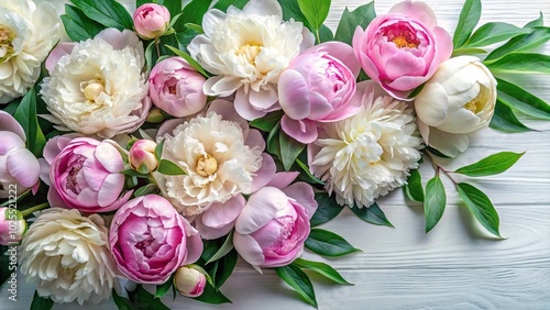 Fototapeta Naklejka Na Ścianę i Meble -  Delicate white and pink peonies with green leaves