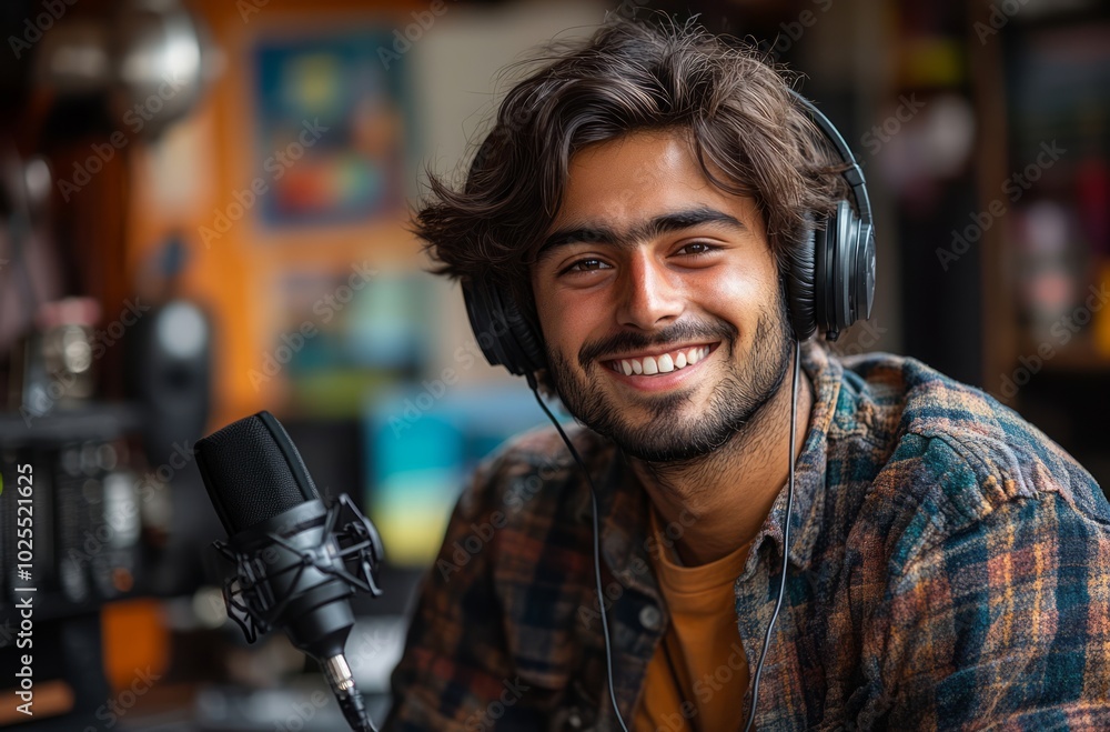 Confident young man with headphones in a recording studio. Confident young man with headphones in a recording studio.