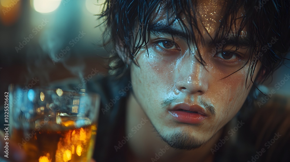 Distressed Asian Man Battling Addiction and Depression in Solitude Distressed Asian Man Battling Addiction and Depression in Solitude