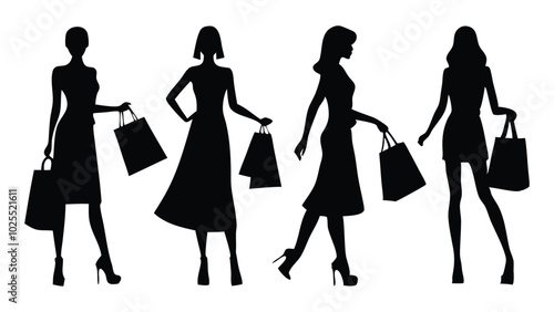 Woman Shopping silhouettes set isolated flat vector illustration on white background.