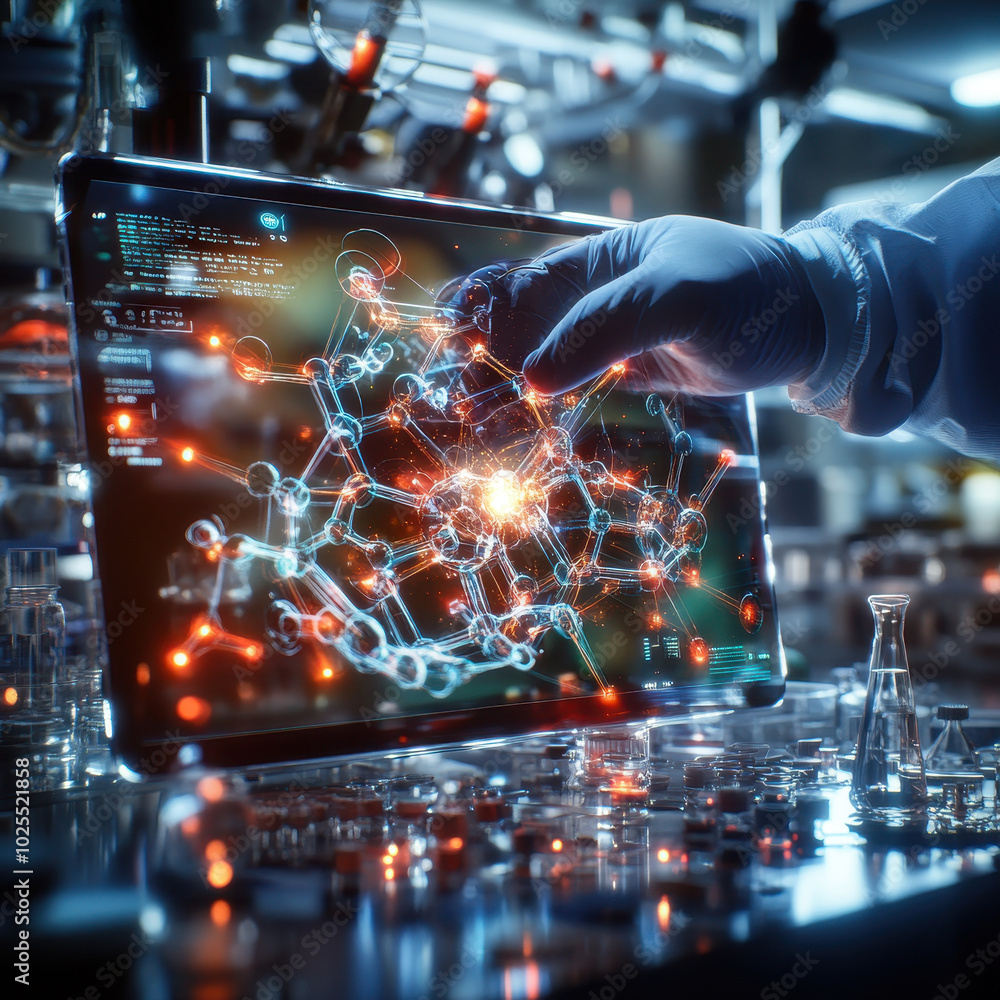 digital touchscreen display shows detailed molecular structure with glowing connections, highlighting advanced technology in laboratory setting. scene conveys innovation and scientific exploration digital touchscreen display shows detailed molecular structure with glowing connections, highlighting advanced technology in laboratory setting. scene conveys innovation and scientific exploration