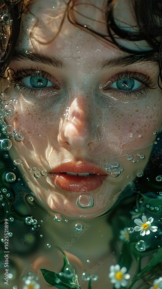 Close-up Portrait of a Woman Underwater with Flowers Close-up Portrait of a Woman Underwater with Flowers