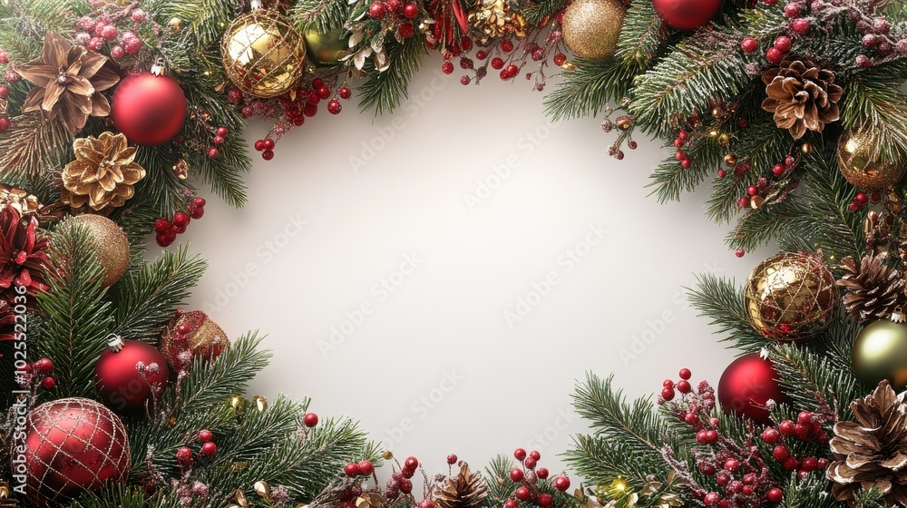 Festive Christmas Wreath Background with Pine Branches, Red Ornaments, and Gold Accents Perfect for Holiday Invitations and Decor Festive Christmas Wreath Background with Pine Branches, Red Ornaments, and Gold Accents Perfect for Holiday Invitations and Decor
