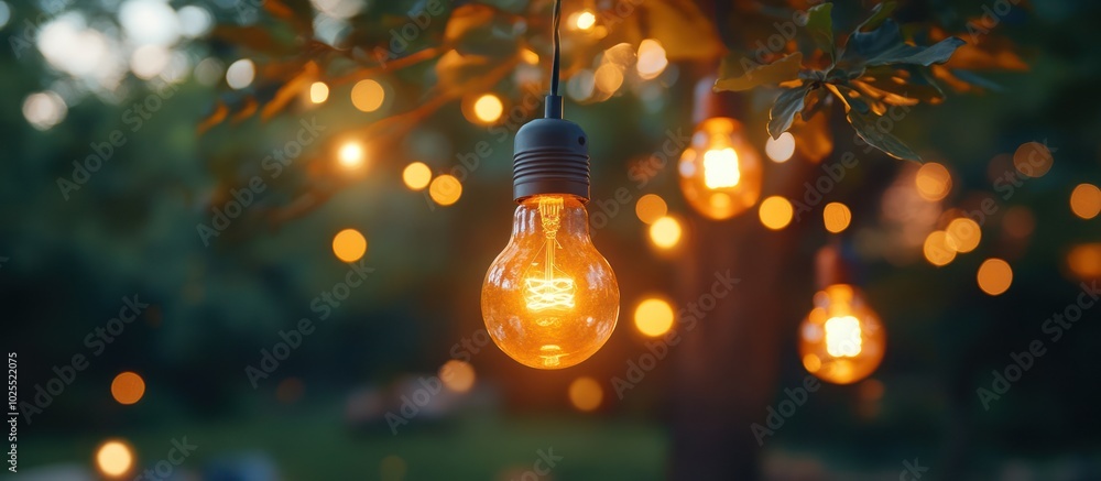 custom made wallpaper toronto digitalWarm, incandescent light bulbs hanging from a tree branch with green leaves and a blurred background of other lights.