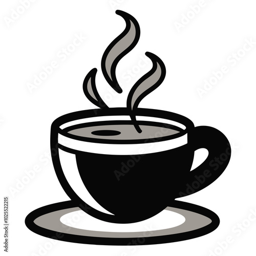 Steaming coffee cup on a saucer against a white background