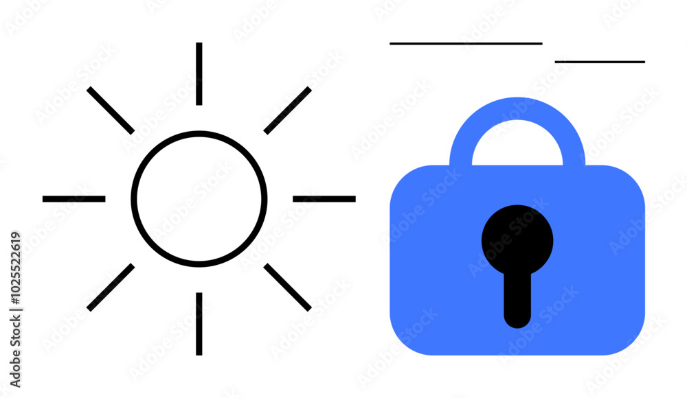Simple design with sun on left and blue lock on right. Ideal for security, protection, privacy, safety, and trust. Minimalistic style Simple design with sun on left and blue lock on right. Ideal for security, protection, privacy, safety, and trust. Minimalistic style