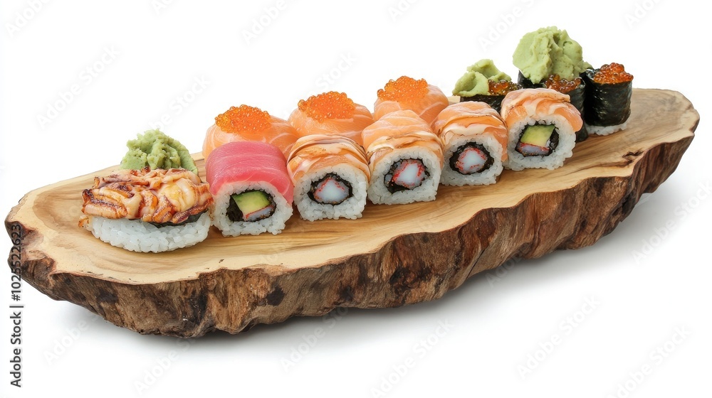 Fresh Sushi Variety on Wooden Platter