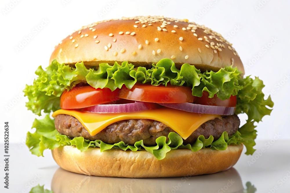 Delicious asymmetrical cheeseburger with lettuce, tomato, and pickle Delicious asymmetrical cheeseburger with lettuce, tomato, and pickle