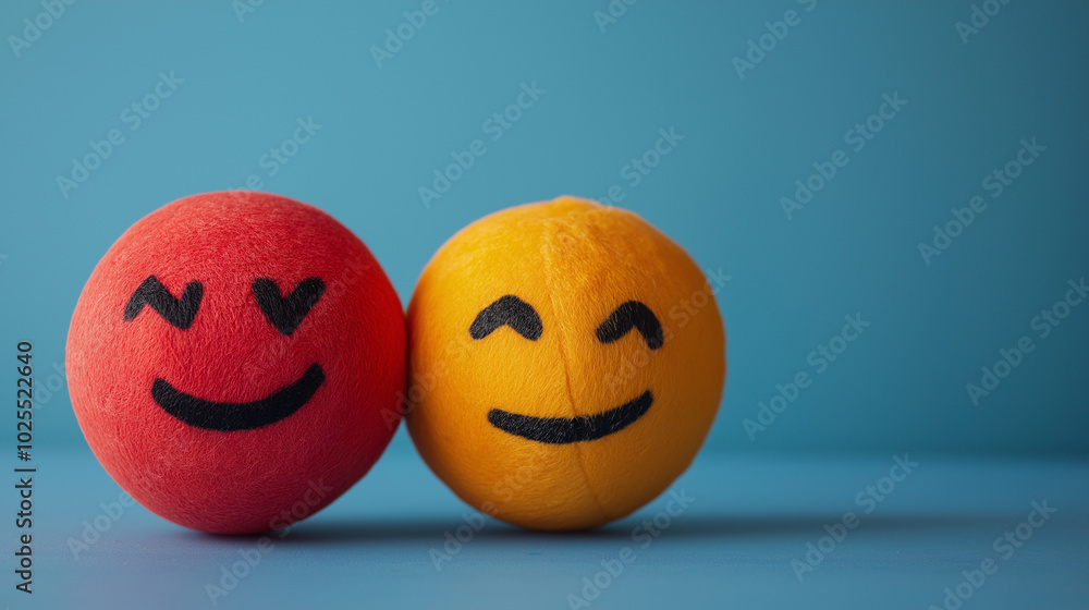 Bright red and yellow stress balls with smiling faces sit next to each other, promoting relaxation and support for mental well-being, copy space Bright red and yellow stress balls with smiling faces sit next to each other, promoting relaxation and support for mental well-being, copy space
