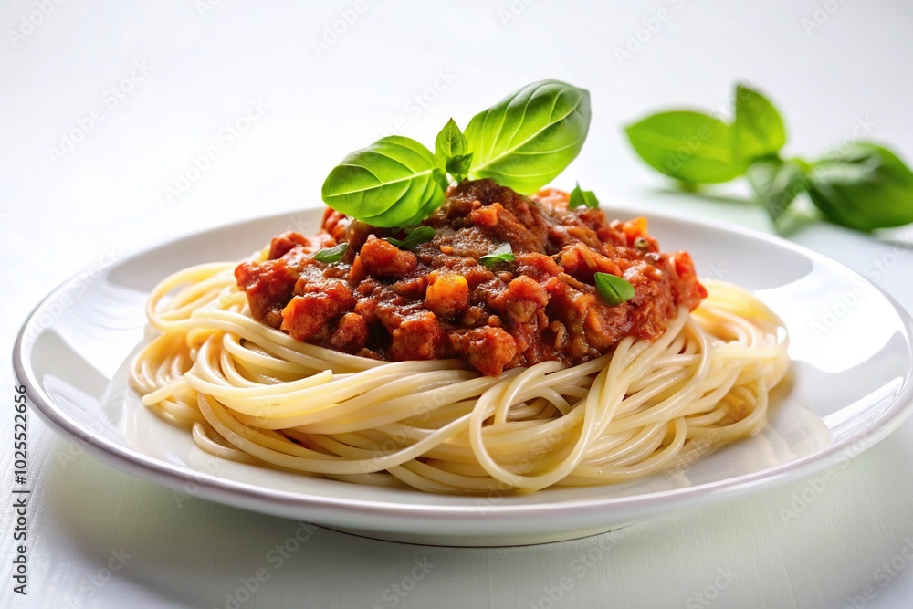 Delicious asymmetrical spaghetti with bolognese sauce and fresh basil on white background Delicious asymmetrical spaghetti with bolognese sauce and fresh basil on white background