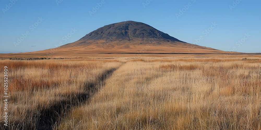 A solitary, dark mountain rises up against a blue sky, surrounded by tall, dry grass. The path leading to the peak seems to disappear into the distance. A solitary, dark mountain rises up against a blue sky, surrounded by tall, dry grass. The path leading to the peak seems to disappear into the distance.
