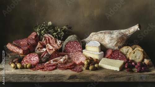 Gourmet Charcuterie and Cheese Spread on Wooden Board photo