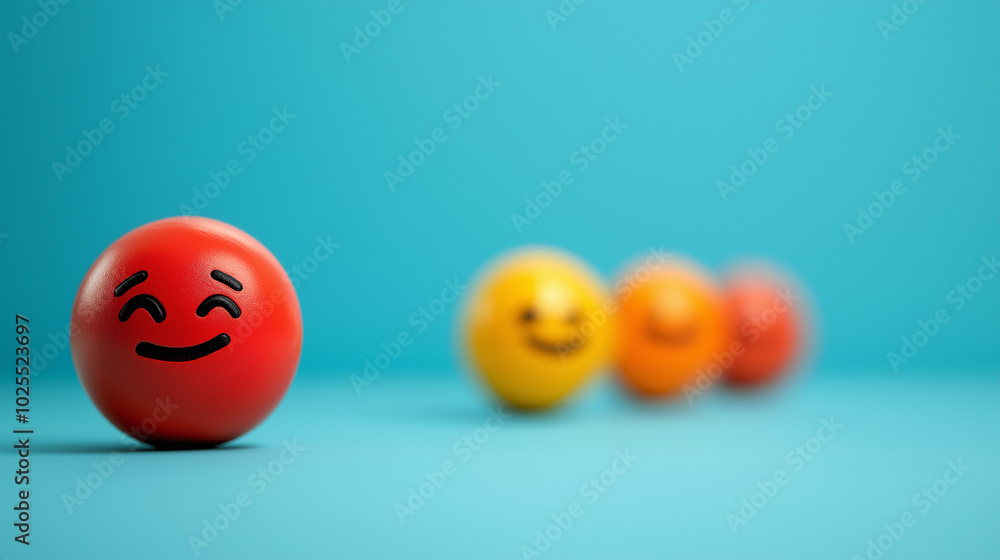 A red ball with a smiling face stands out among yellow and orange emoticons in focus on a bright blue backdrop, emphasizing emotional well-being, copy space