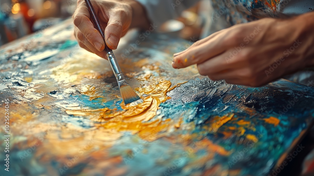 Artist Painting Canvas with Yellow Paint and Brush Close Up Artist Painting Canvas with Yellow Paint and Brush Close Up