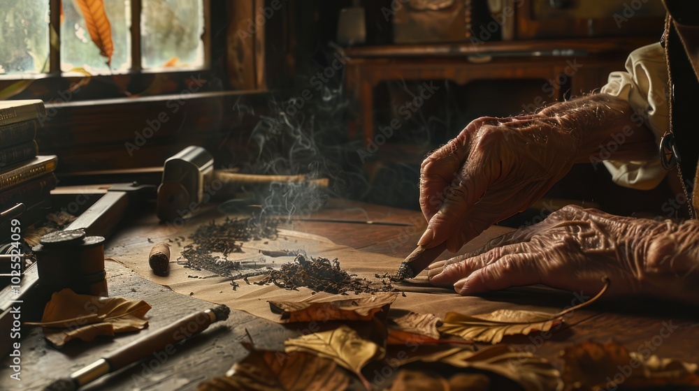 An Elderly Hand Rolling a Cigar on a Wooden Table with Leaves An Elderly Hand Rolling a Cigar on a Wooden Table with Leaves
