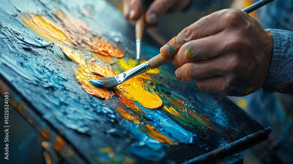 Artist Painting on Canvas with Oil Paints and Brush Artist Painting on Canvas with Oil Paints and Brush