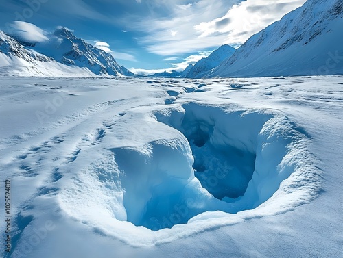 A deep crevasse in a snowy mountain valley, with a blue sky above. The snow is pristine and the mountains are towering in the distance. photo