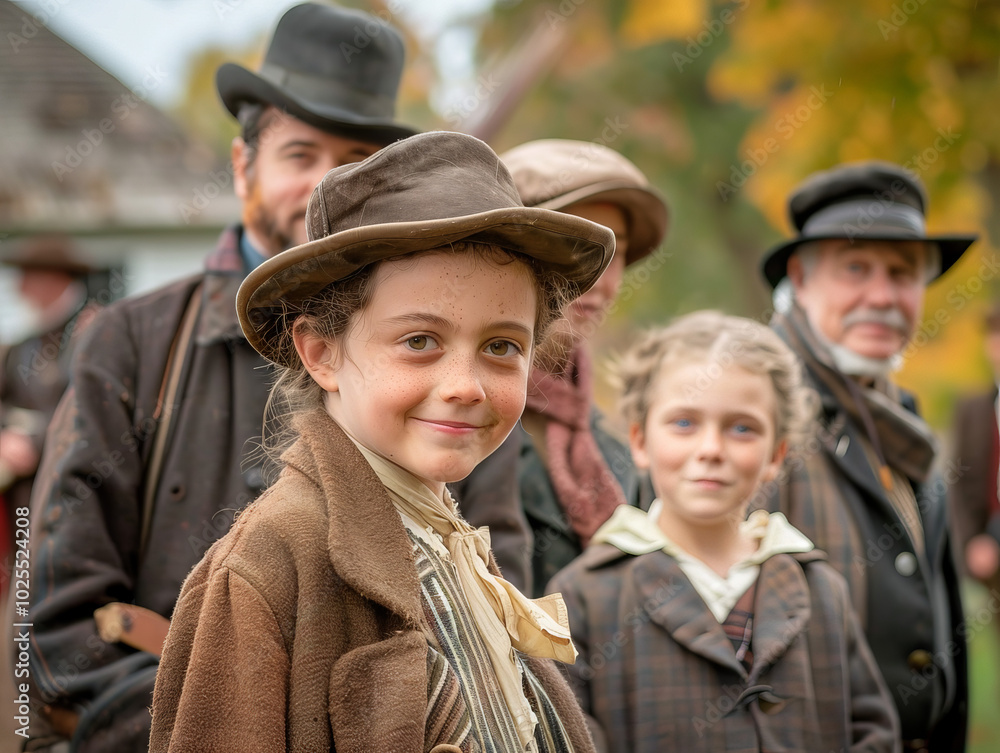 group of individuals of various ages, including children, dressed in historical attire, smiles warmly during living history event. atmosphere is joyful and engaging, showcasing connection to past group of individuals of various ages, including children, dressed in historical attire, smiles warmly during living history event. atmosphere is joyful and engaging, showcasing connection to past