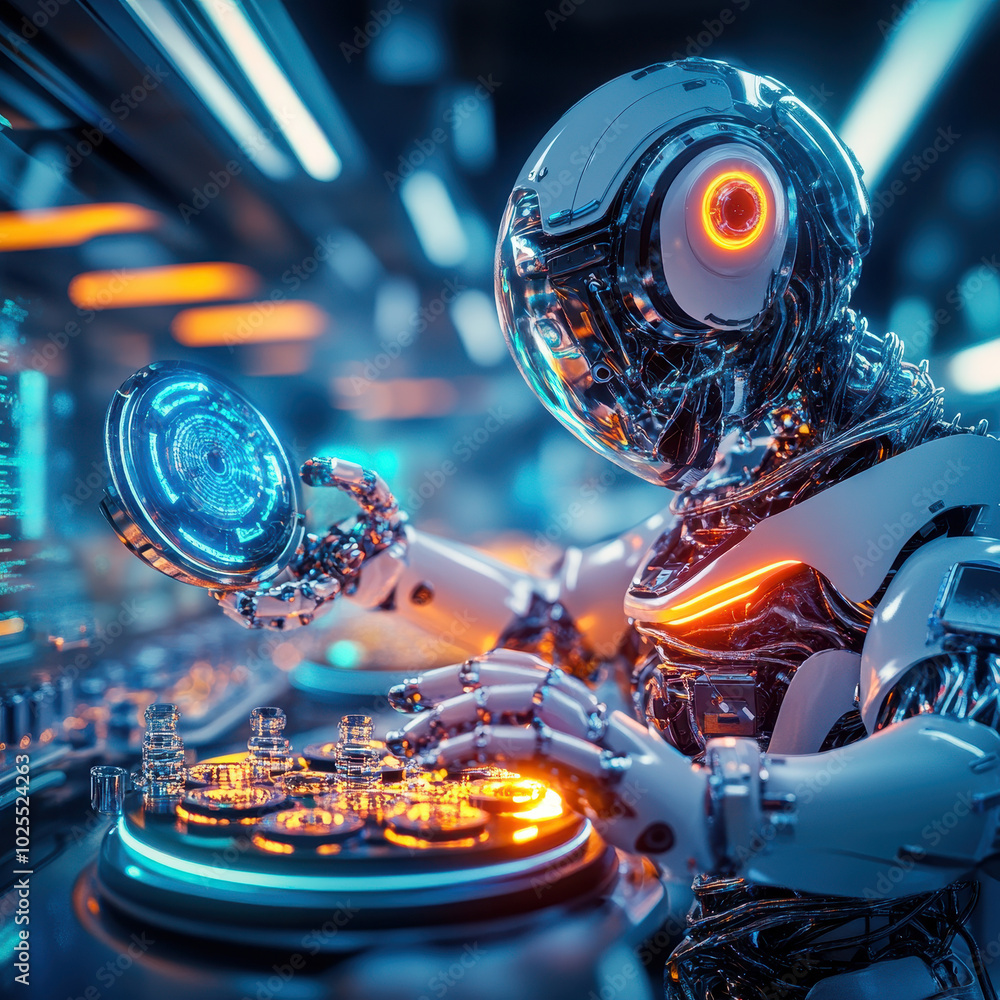 Futuristic lab scene featuring AI powered robot interacting with advanced technology, showcasing innovation and precision in high tech environment Futuristic lab scene featuring AI powered robot interacting with advanced technology, showcasing innovation and precision in high tech environment