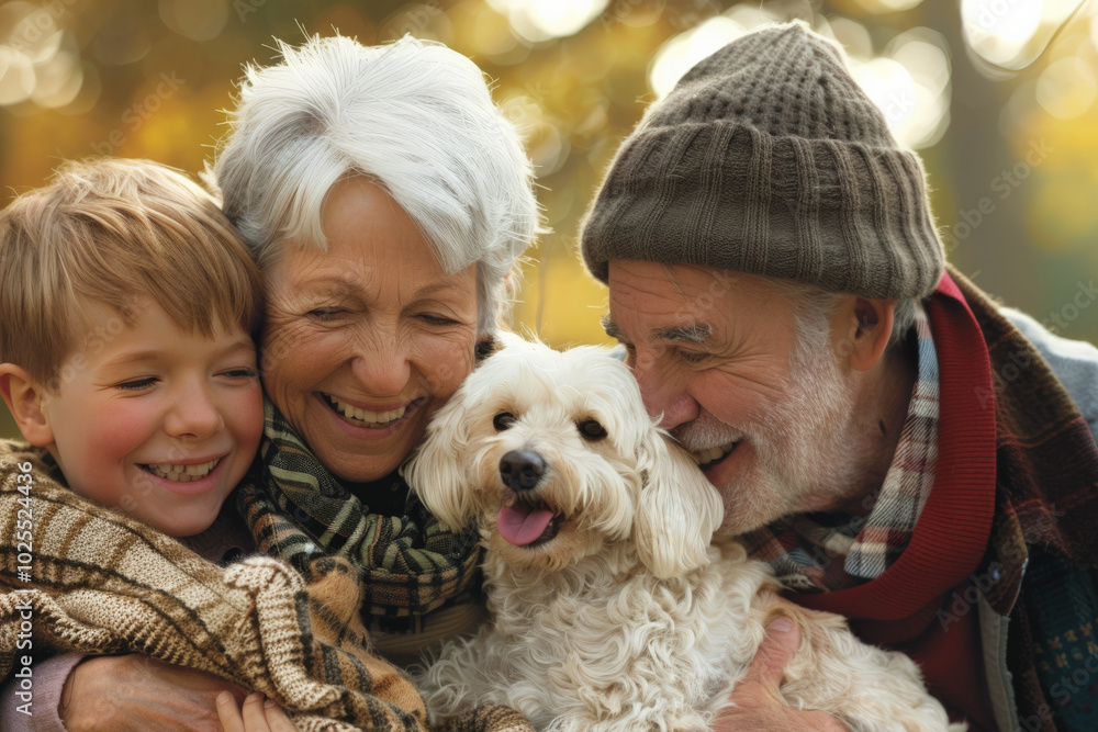 joyful family of all ages, including child and grandparents, happily interacting with fluffy dog in warm, outdoor setting. Their smiles reflect love and togetherness joyful family of all ages, including child and grandparents, happily interacting with fluffy dog in warm, outdoor setting. Their smiles reflect love and togetherness