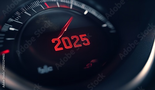 A close-up view of a speedometer or gauge showing the year 2025 in red text, with surrounding years 2022, 2023, and 2024 created with generative AI