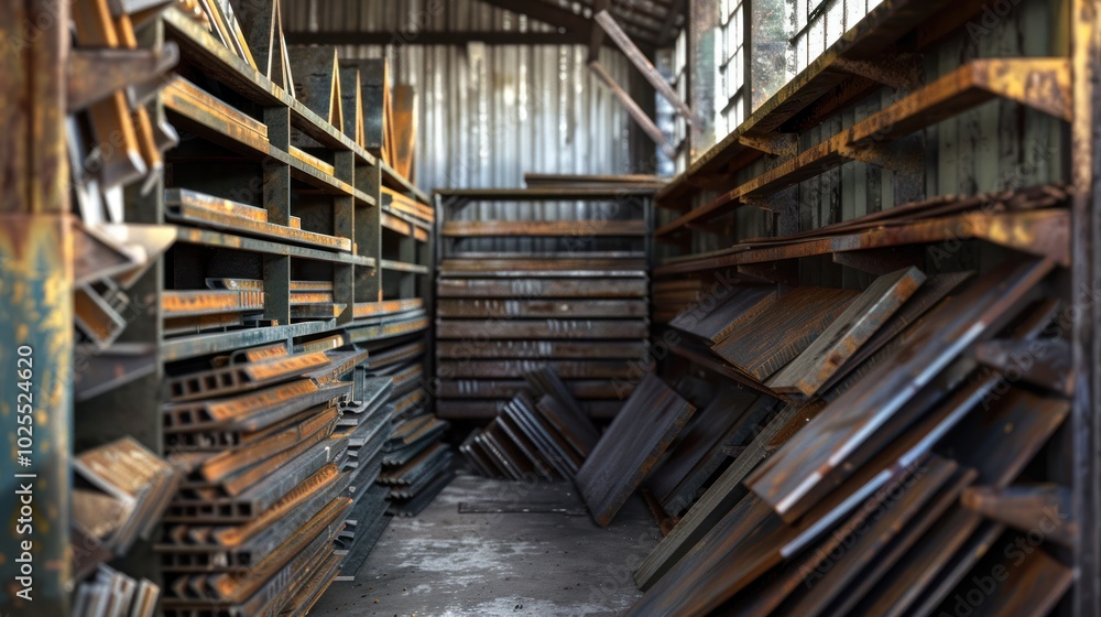 Rusted Metal Bars Stacked on Shelves in a Workshop Rusted Metal Bars Stacked on Shelves in a Workshop