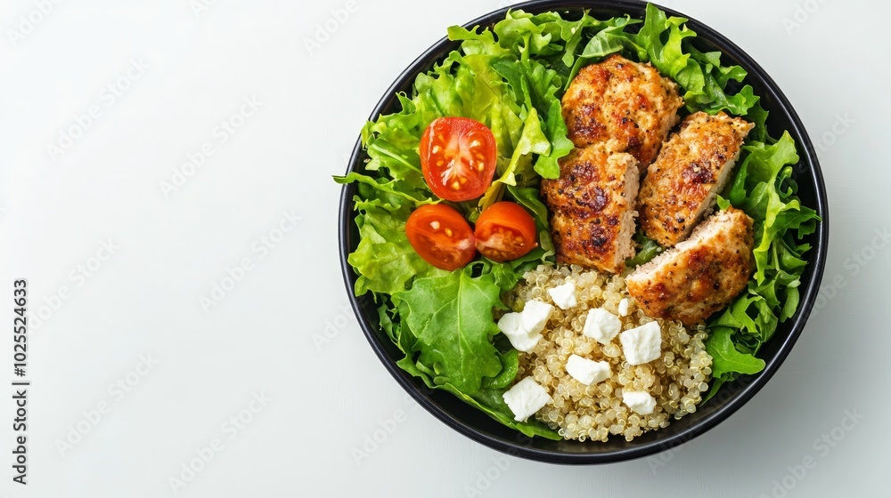 A black bowl with a healthy meal of grilled chicken, quinoa, feta cheese, tomatoes, and lettuce on a white background. A black bowl with a healthy meal of grilled chicken, quinoa, feta cheese, tomatoes, and lettuce on a white background.