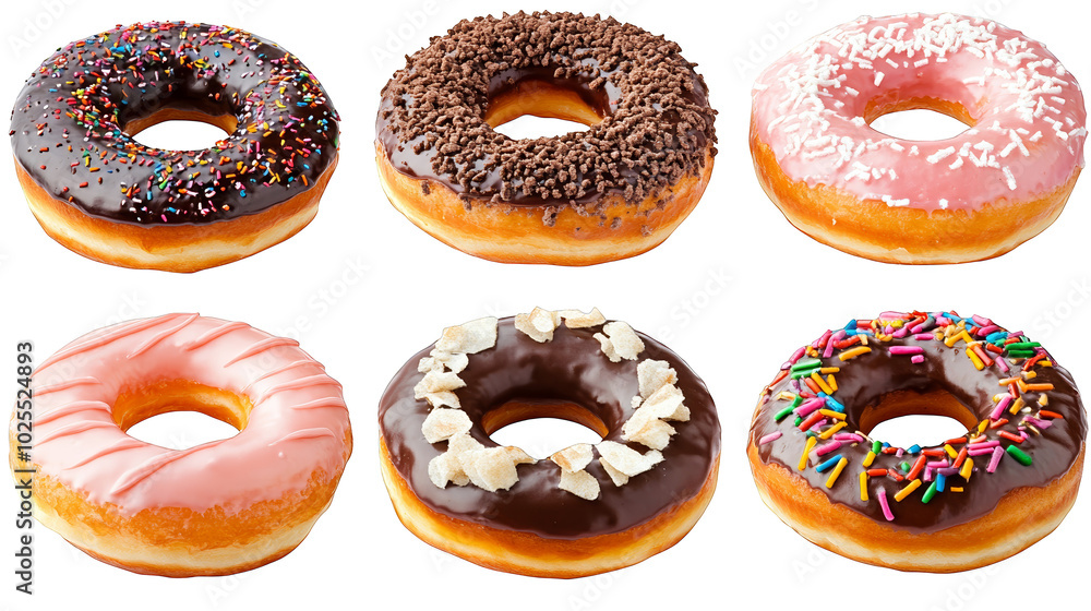 Delectable display of freshly baked donuts with colorful toppings and flavors delicious Delectable display of freshly baked donuts with colorful toppings and flavors delicious