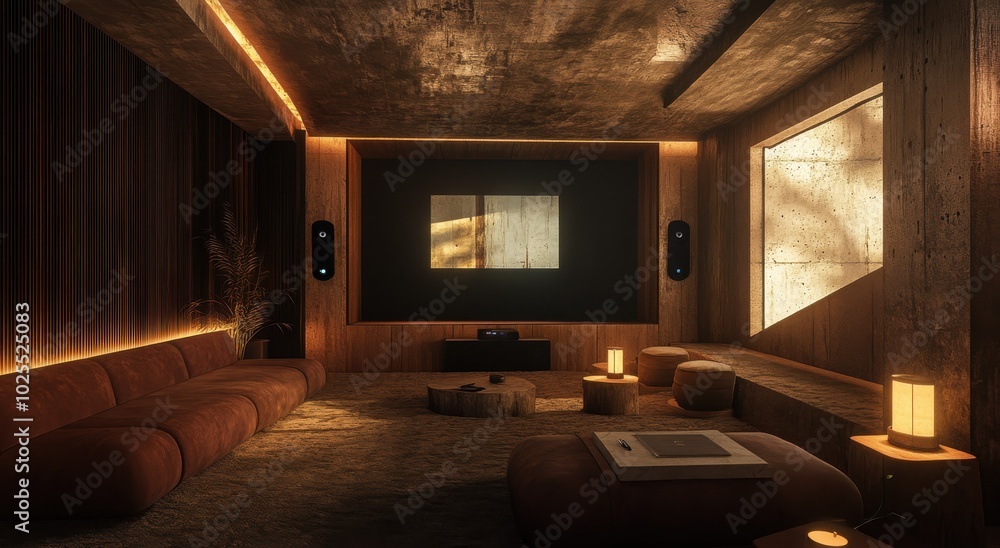 Modern home theater room with cozy lighting and stylish decor, featuring a large screen and comfortable seating. Modern home theater room with cozy lighting and stylish decor, featuring a large screen and comfortable seating.