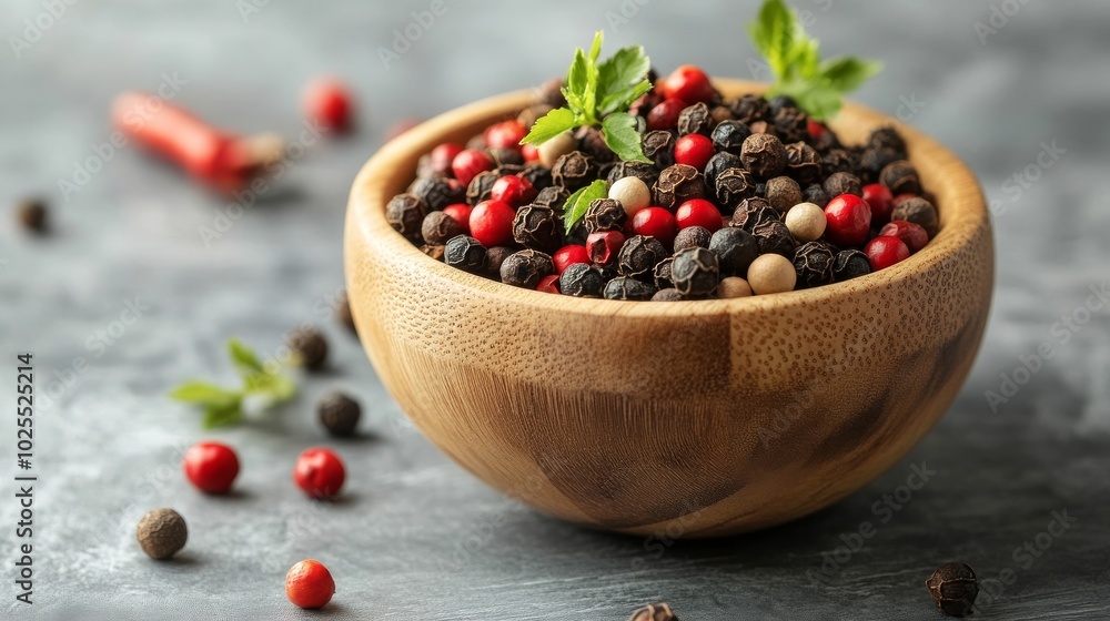 Peppercorns in wooden bowl on grey table. Peppercorns in wooden bowl on grey table.