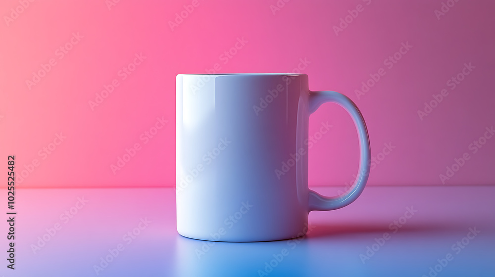 A white mug sits on a table with a pink and blue background. The mug is a simple, blank canvas, perfect for adding your own design. A white mug sits on a table with a pink and blue background. The mug is a simple, blank canvas, perfect for adding your own design.