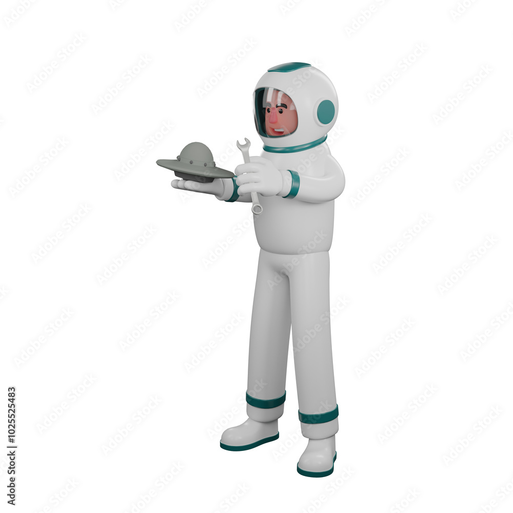3D Model of Professional Male Astronaut. A male astronaut stands holding a miniature uvo in his right hand and holding a ring wrench in his left hand. Space Character 3D Model of Professional Male Astronaut. A male astronaut stands holding a miniature uvo in his right hand and holding a ring wrench in his left hand. Space Character
