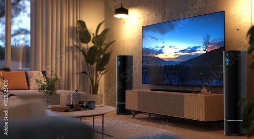Modern living room with a large TV displaying a scenic sunset, cozy lighting, and contemporary furniture.