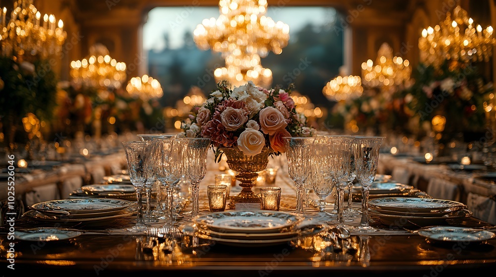 Elegant Formal Dining Room with Luxurious Table Setting and Chandelier