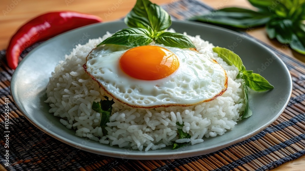Delicious Fried Egg on Rice with Fresh Basil Delicious Fried Egg on Rice with Fresh Basil