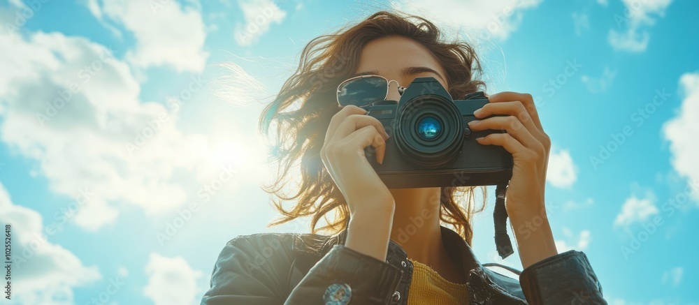 Young woman in a leather jacket taking photos with a camera. Young woman in a leather jacket taking photos with a camera.