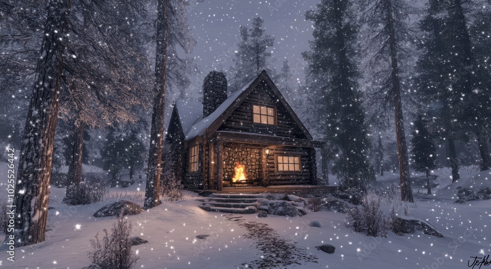 Cozy wooden cabin amidst a snowy forest, glowing warmly in winter twilight. Cozy wooden cabin amidst a snowy forest, glowing warmly in winter twilight.