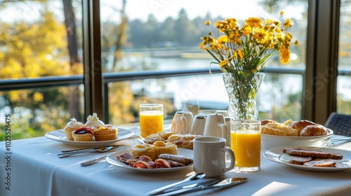 A breakfast table set with a variety of foods, including pastries, fruit, and orange juice, with a window view of a lake and trees.