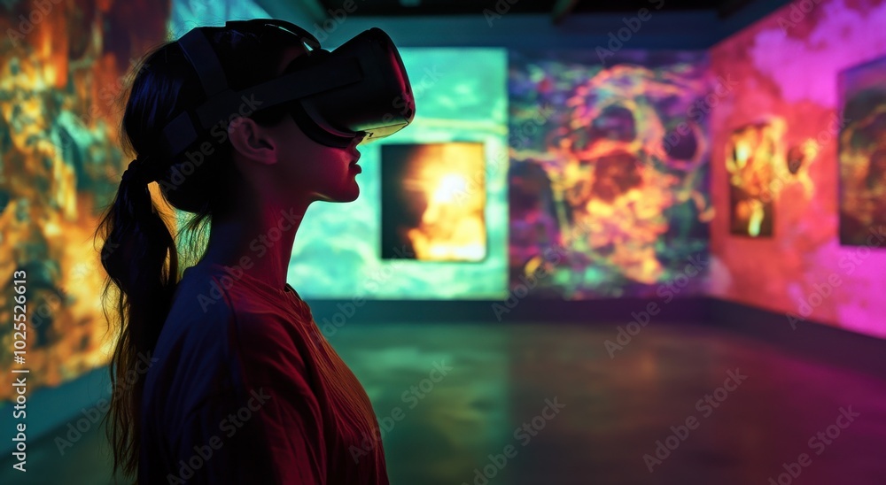 Obraz premium Young Asian woman immersed in virtual reality art experience.