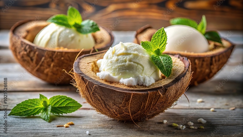 Delicious coconut ice cream in coconut shell Delicious coconut ice cream in coconut shell