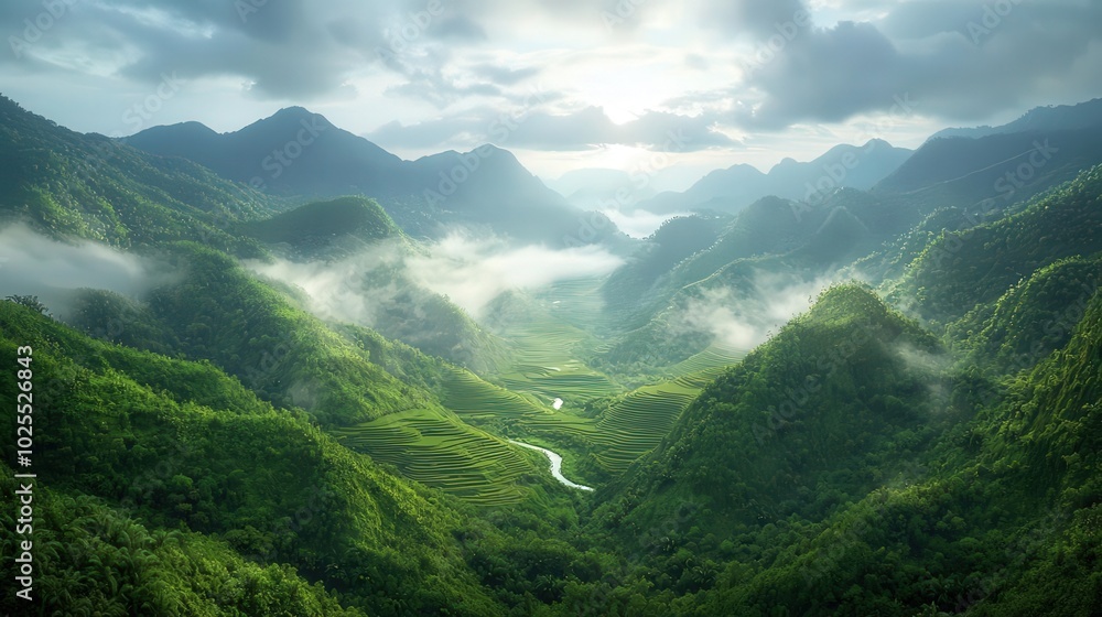 Sunrise over mountain valley with fog Sunrise over mountain valley with fog