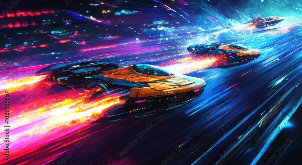 Futuristic race cars speed through a vibrant neon-lit track with dynamic motion and vivid colors. Futuristic race cars speed through a vibrant neon-lit track with dynamic motion and vivid colors.