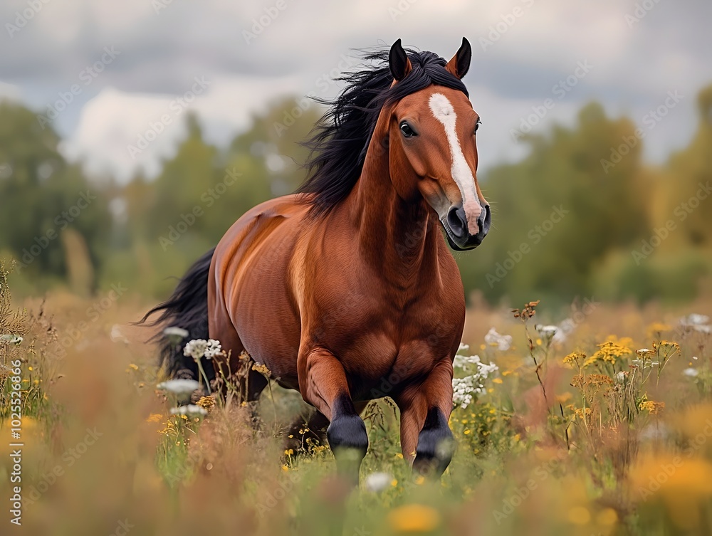 A powerful brown horse with a white blaze gallops through a field of wildflowers, its mane flowing in the breeze. A powerful brown horse with a white blaze gallops through a field of wildflowers, its mane flowing in the breeze.