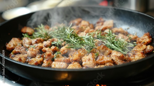 Sizzling Meat with Fresh Herbs in a Pan